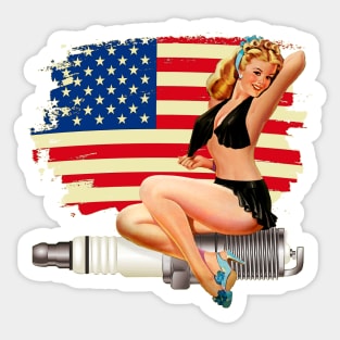 Sexy Pin Up Girl on Spark Plug - American Flag Sticker